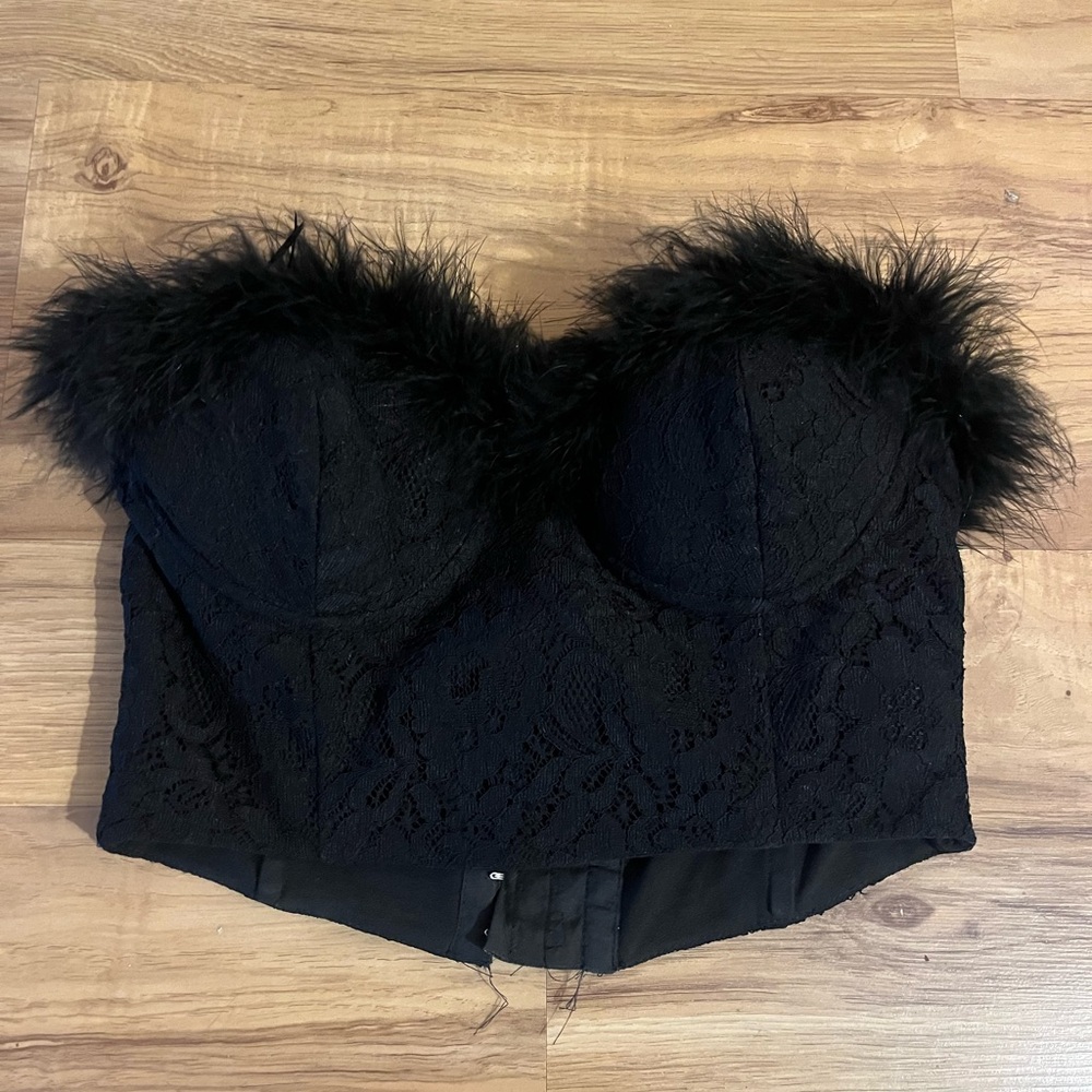 NBD Black Lace Feather Trim Bustier Crop Top